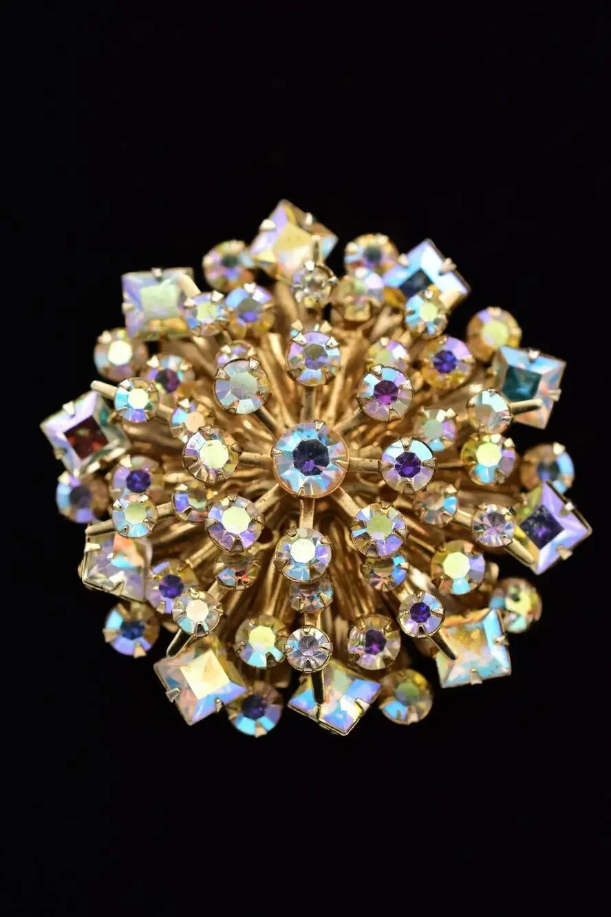 Vintage Crystal Starburst Flower Pin Brooch Aurora Borealis Rhinestone 60s BinBI